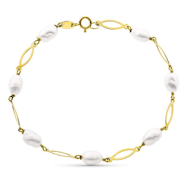 18K PULSERA ENTREPIEZA Y PERLA 16.5 CM PERLA 4 MM
